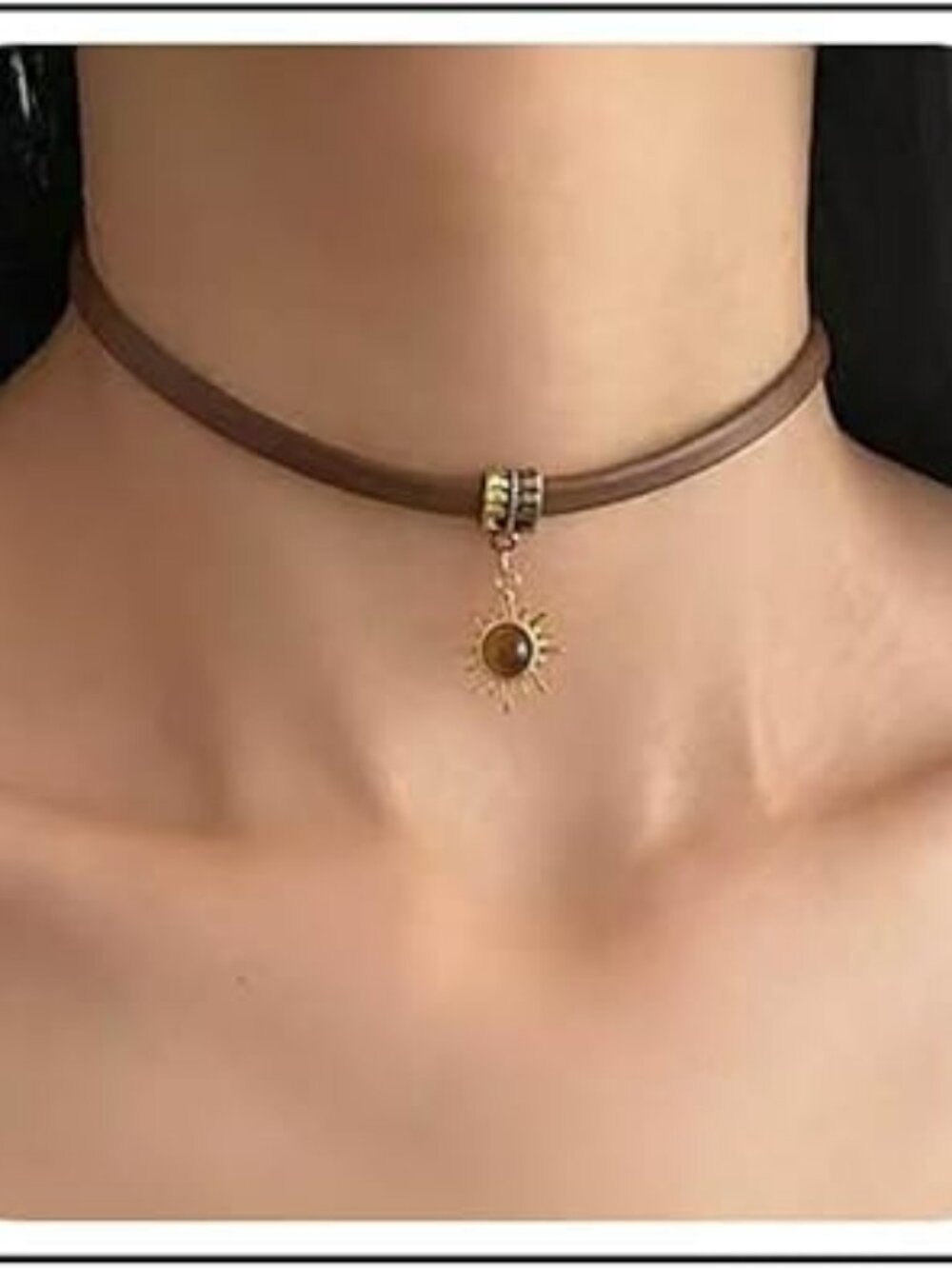 Brown Leather‎ Choker Necklace Tiny Sunflower Pendant Necklace Country Boho